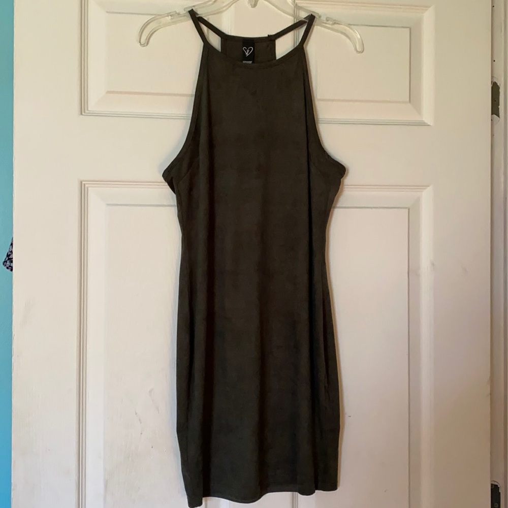 Faux suede olive green mini dress